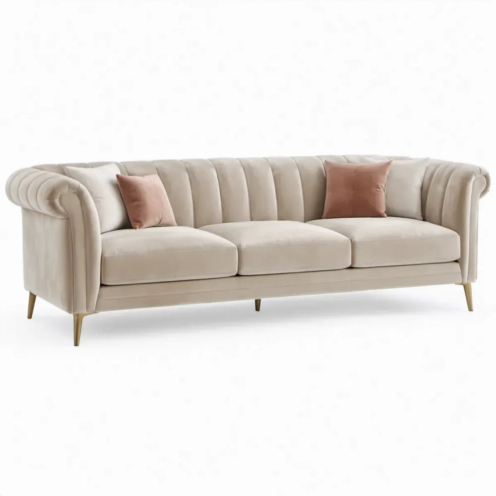 Crèmekleurige 3-zitsbank van polyesterfluweel met gouden poten, 240 x 90 x 82 cm