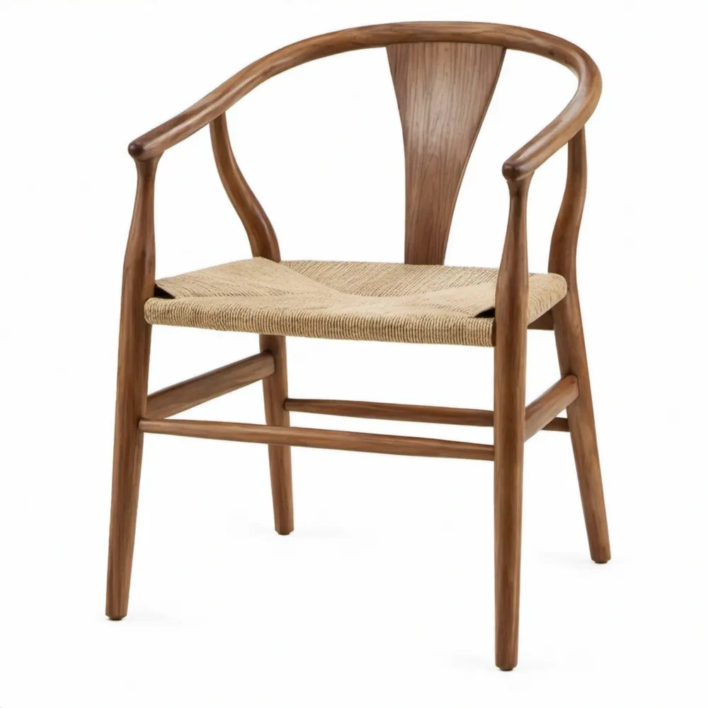 Eetkamerstoel met armleuningen van massief essenhout en papieren koord – Walnootbruin/Naturel – 56 x 55 x 76 cm