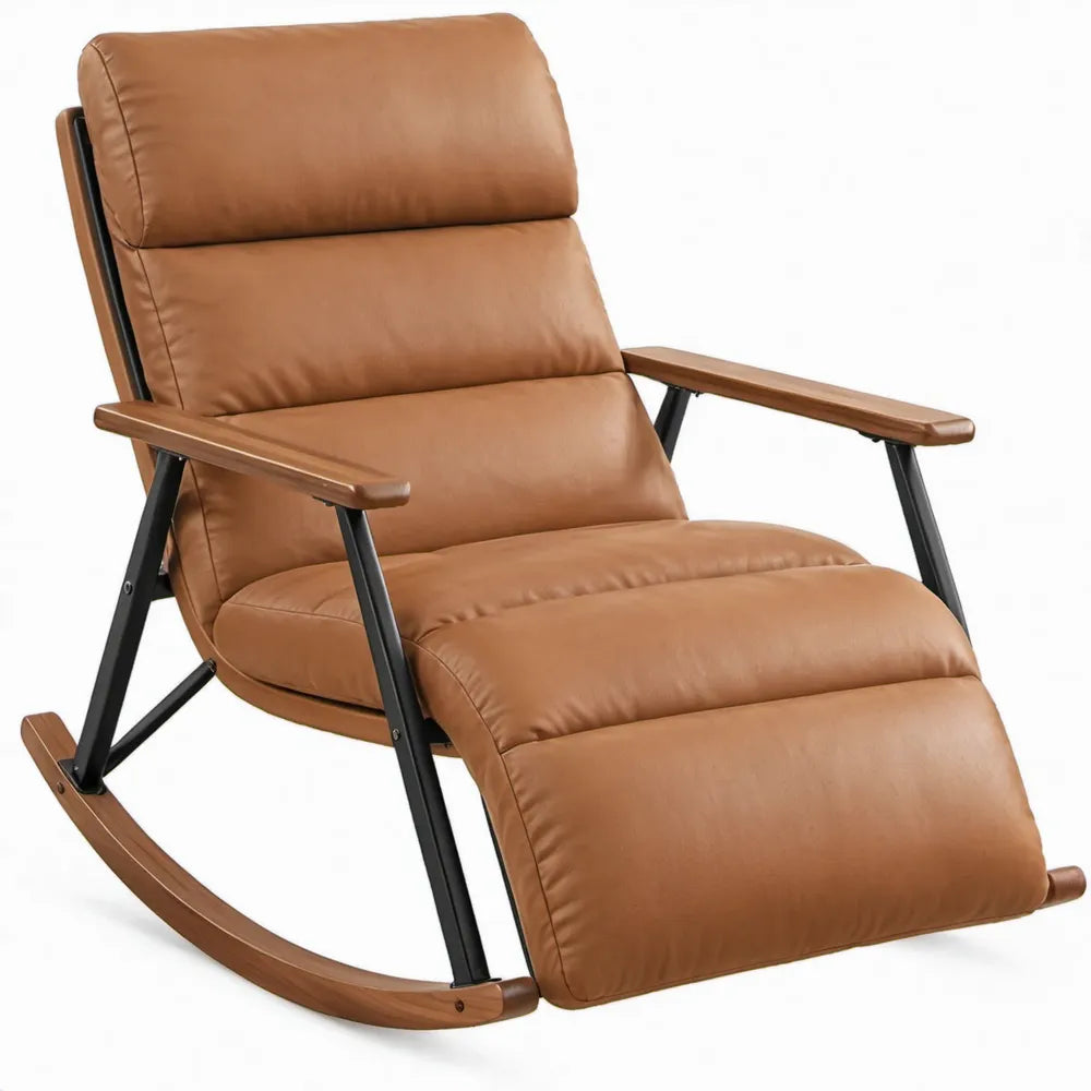 Schommelstoel met vaste voetensteun 100 x 67 x 99 cm, cognac PU-leer, zwart staal en multiplex