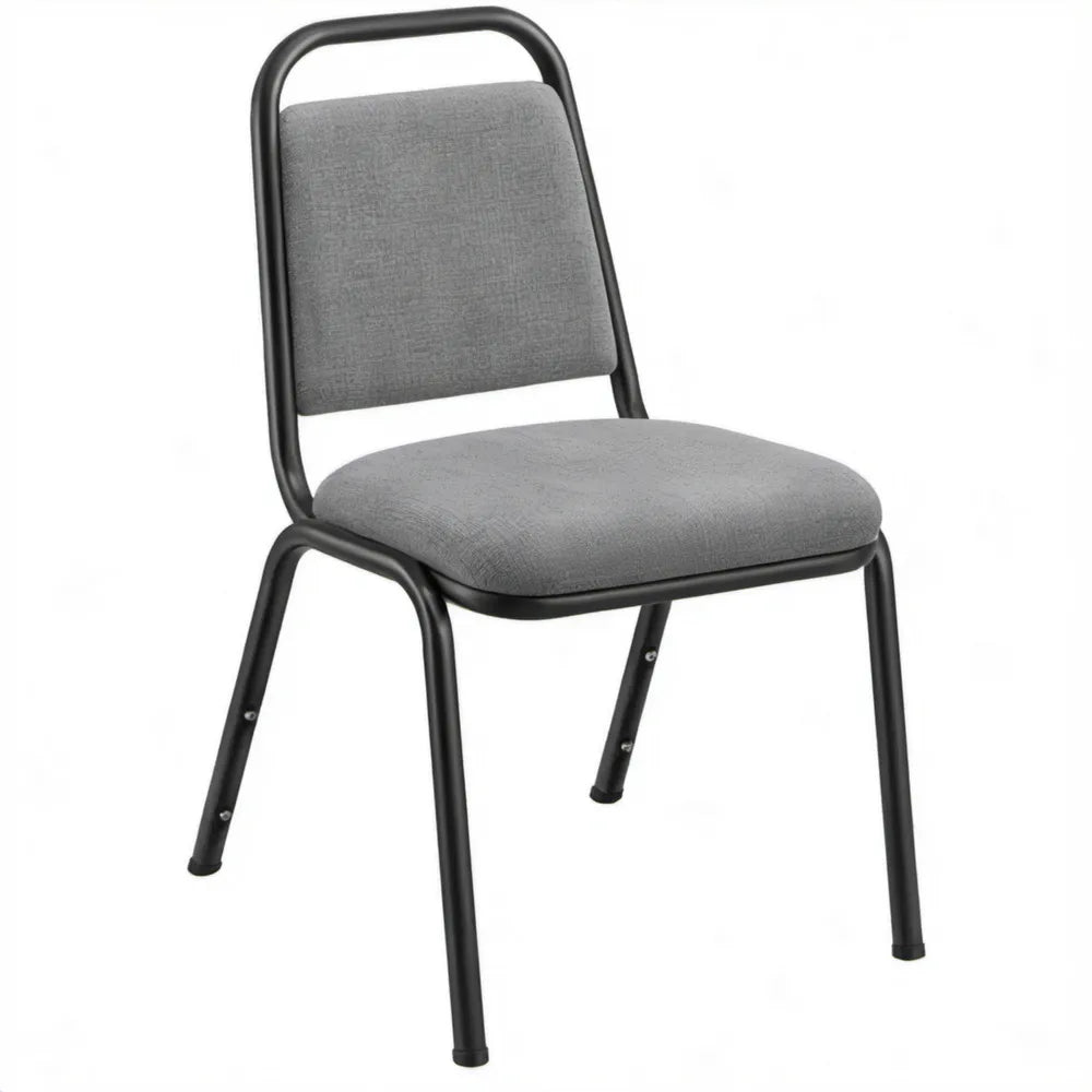 Grijze gevoerde zitting en rugleuning met zwart stalen frame, 45 x 52 x 82 cm