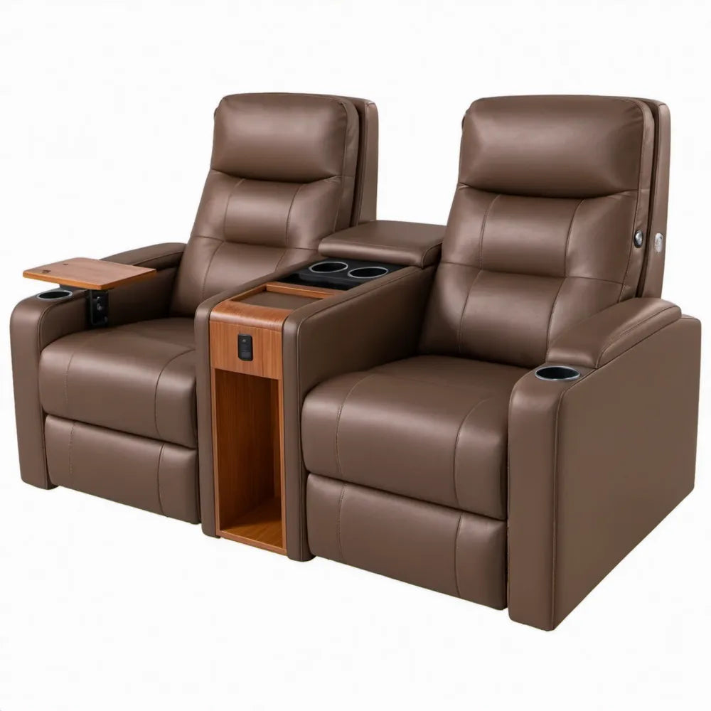 Set van 2 elektrische relaxfauteuils met middenconsole, bruin kunstleer, 203 x 91 x 104 cm