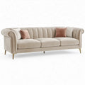 Crèmekleurige 3-zitsbank van polyesterfluweel met gouden poten, 240 x 90 x 82 cm