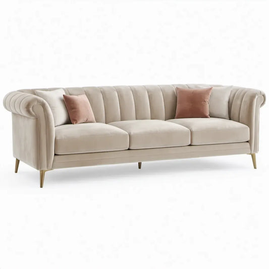 Crèmekleurige 3-zitsbank van polyesterfluweel met gouden poten, 240 x 90 x 82 cm