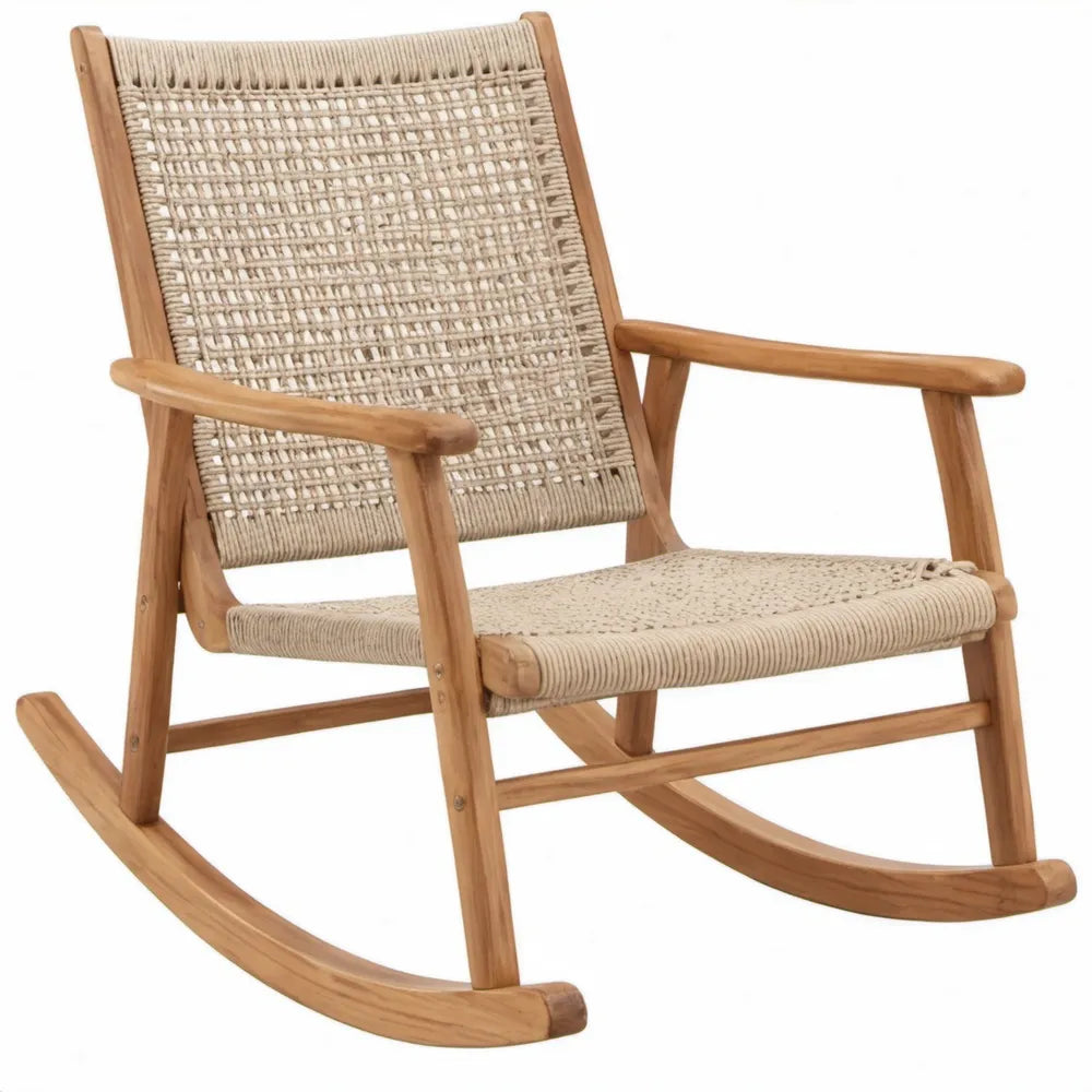 Schommelstoel met armleuningen van massief teakhout en katoenen koord, 60 x 88 x 100 cm, naturelbruin/beige