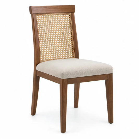 Eetkamerstoel van massief rubberhout met rotan rugleuning en beige zitting, 48 x 58 x 89 cm