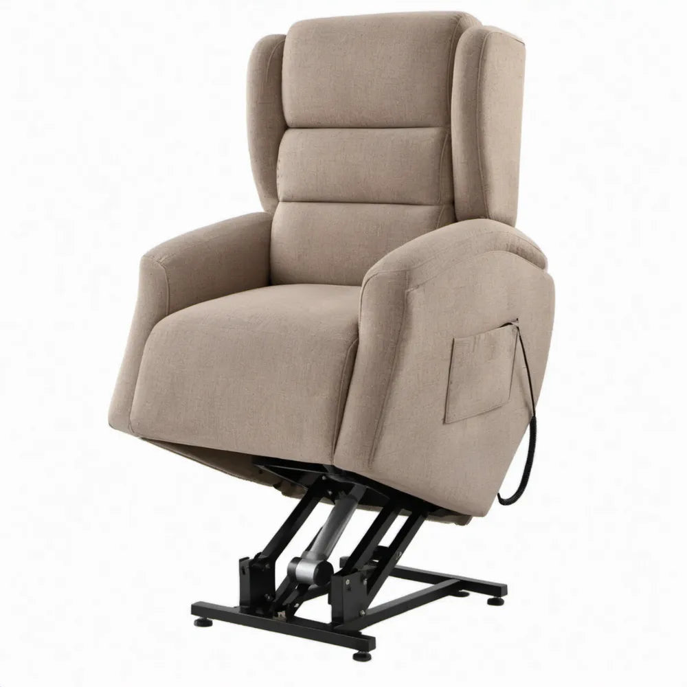 Beige elektrische sta-opfauteuil met verstelbare rugleuning en beensteun, 86 x 94 x 105 cm