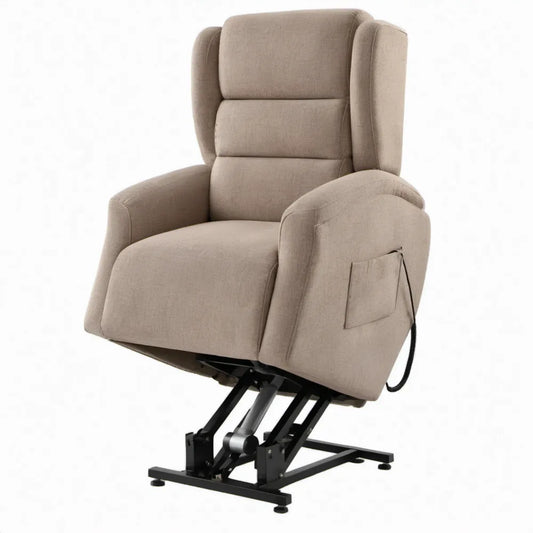Beige elektrische sta-opfauteuil met verstelbare rugleuning en beensteun, 86 x 94 x 105 cm