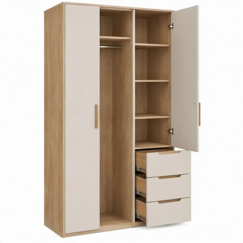Garderobekast met 2 deuren, 3 lades en kledingroede 100 x 52 x 200 cm Wit/Eikenkleurig