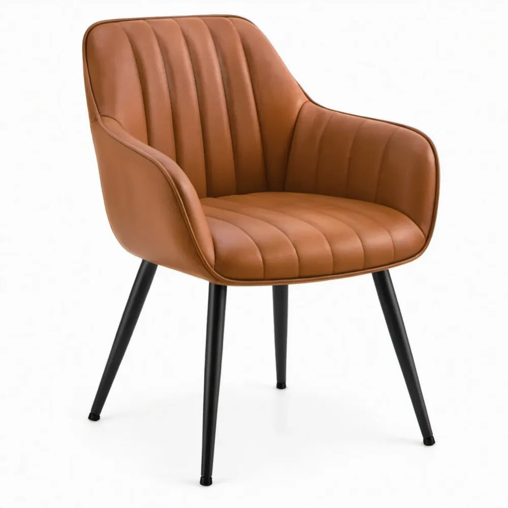 Cognac PU-kunstleren armstoel met zwarte stalen poten, 58 x 60 x 84 cm