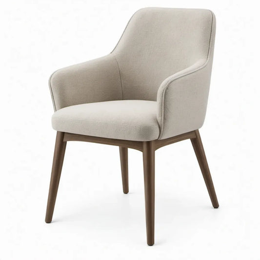 Beige stoel met armleuningen en donkerbruine rubberhouten poten, 59 x 60 x 85 cm