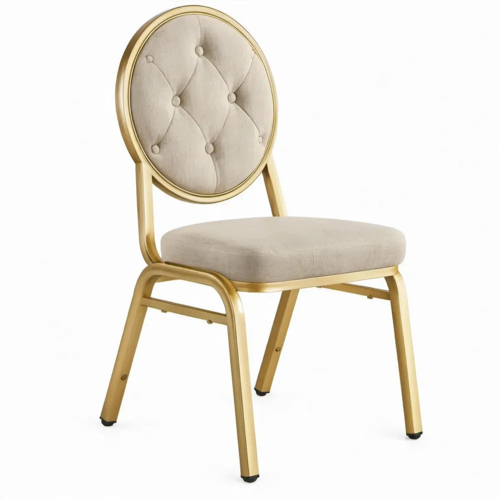 Eetkamerstoel met ronde gecapitonneerde rugleuning, beige en goudkleurig, 45 x 52 x 94 cm
