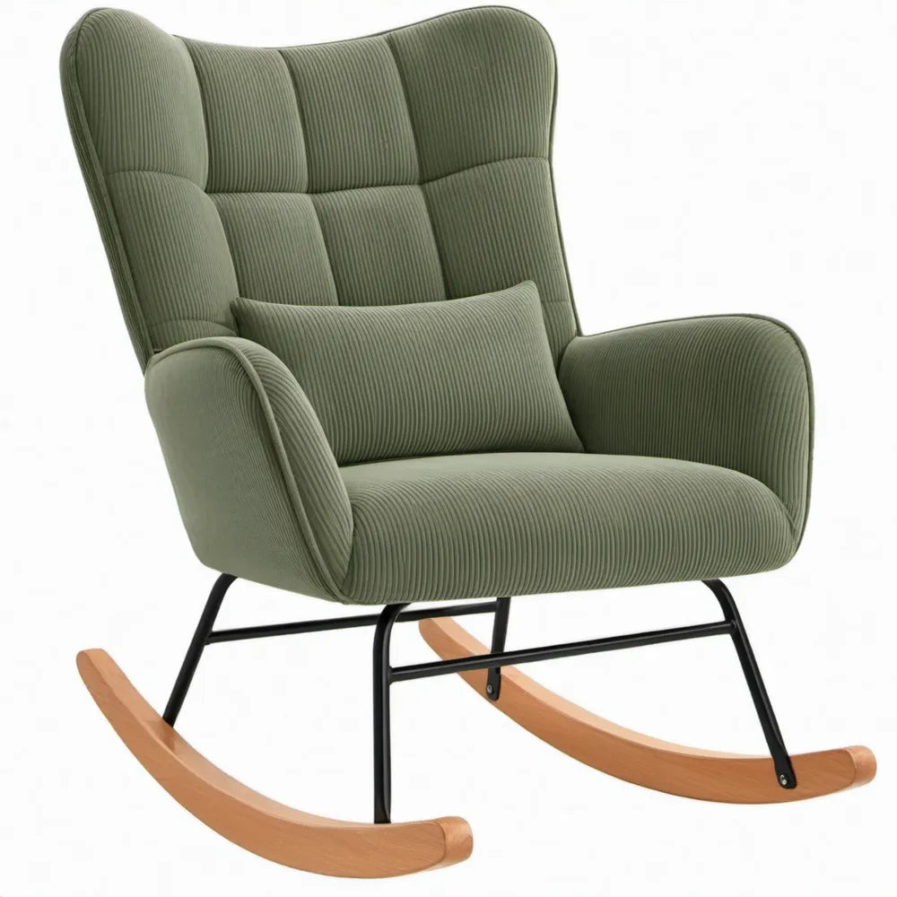 Olijfgroene schommelstoel van ribfluweel met kussen, zwart stalen frame en beukenhouten onderstel, 68 x 95 x 105 cm