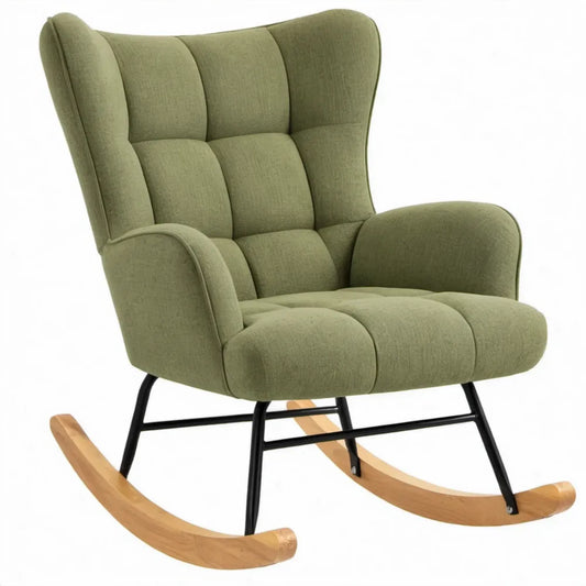 Olijfgroene schommelstoel met hoge rugleuning, zwart stalen frame en beukenhouten schommelpoten, 68 x 98 x 101 cm