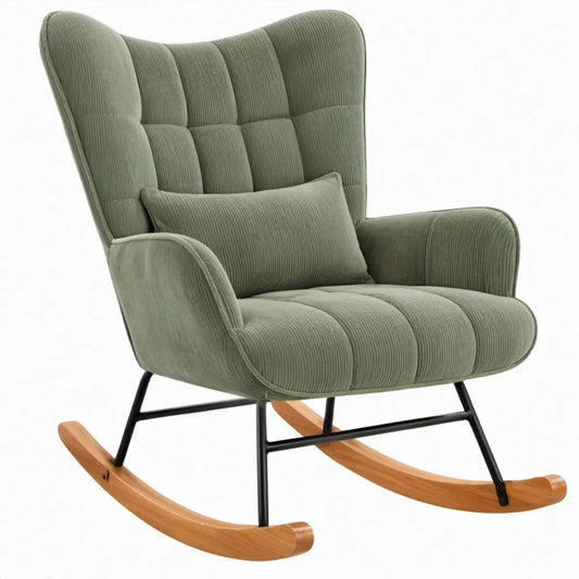 Olijfgroene geribde schommelstoel met hoge rugleuning, stalen frame en rubberhouten poten – 70 x 100 x 100 cm
