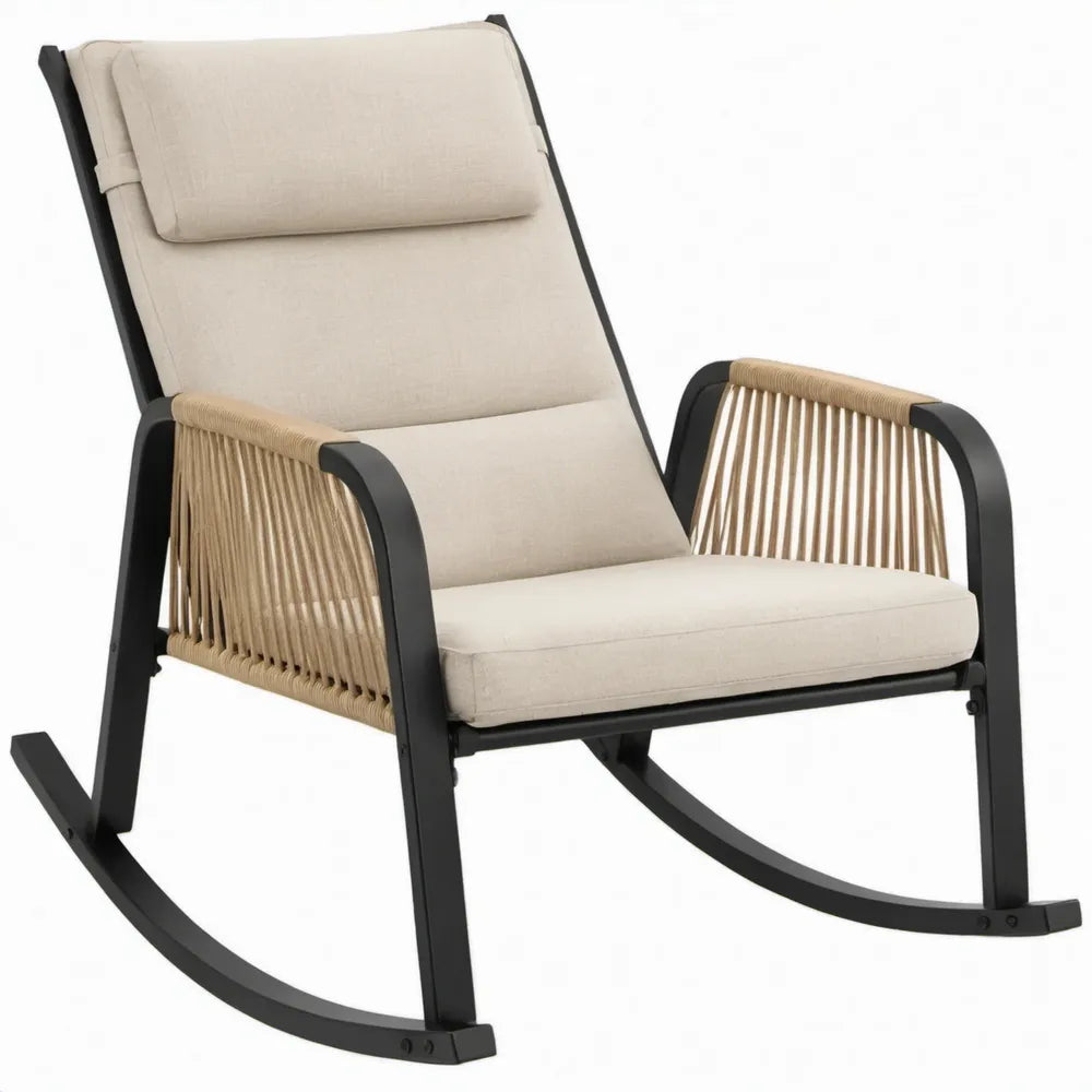 Schommelstoel met hoge rugleuning en hoofdsteunkussen, 75 x 95 x 100 cm, beige/zwart
