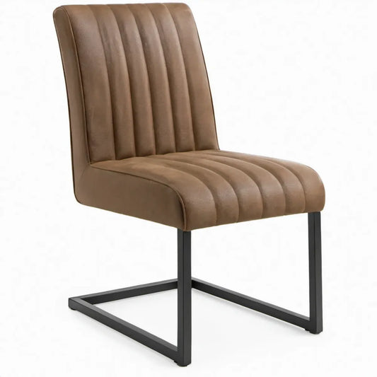 Bruine stoel met PU-bekleding en zwart metalen sledeonderstel, 45 x 60 x 88 cm