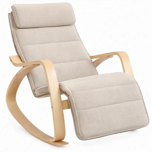 Beige schommelstoel met hoofdsteun en naturel multiplex frame, 68 x 94 x 95 cm